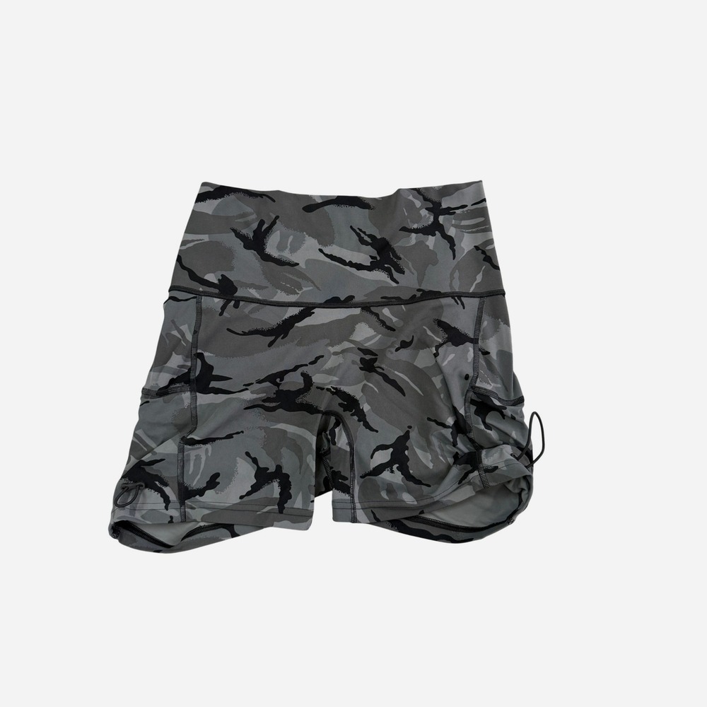 Gymshark Biker Shorts Womens M Gray Camo High Rise Drawstring Ruched Leg Gym